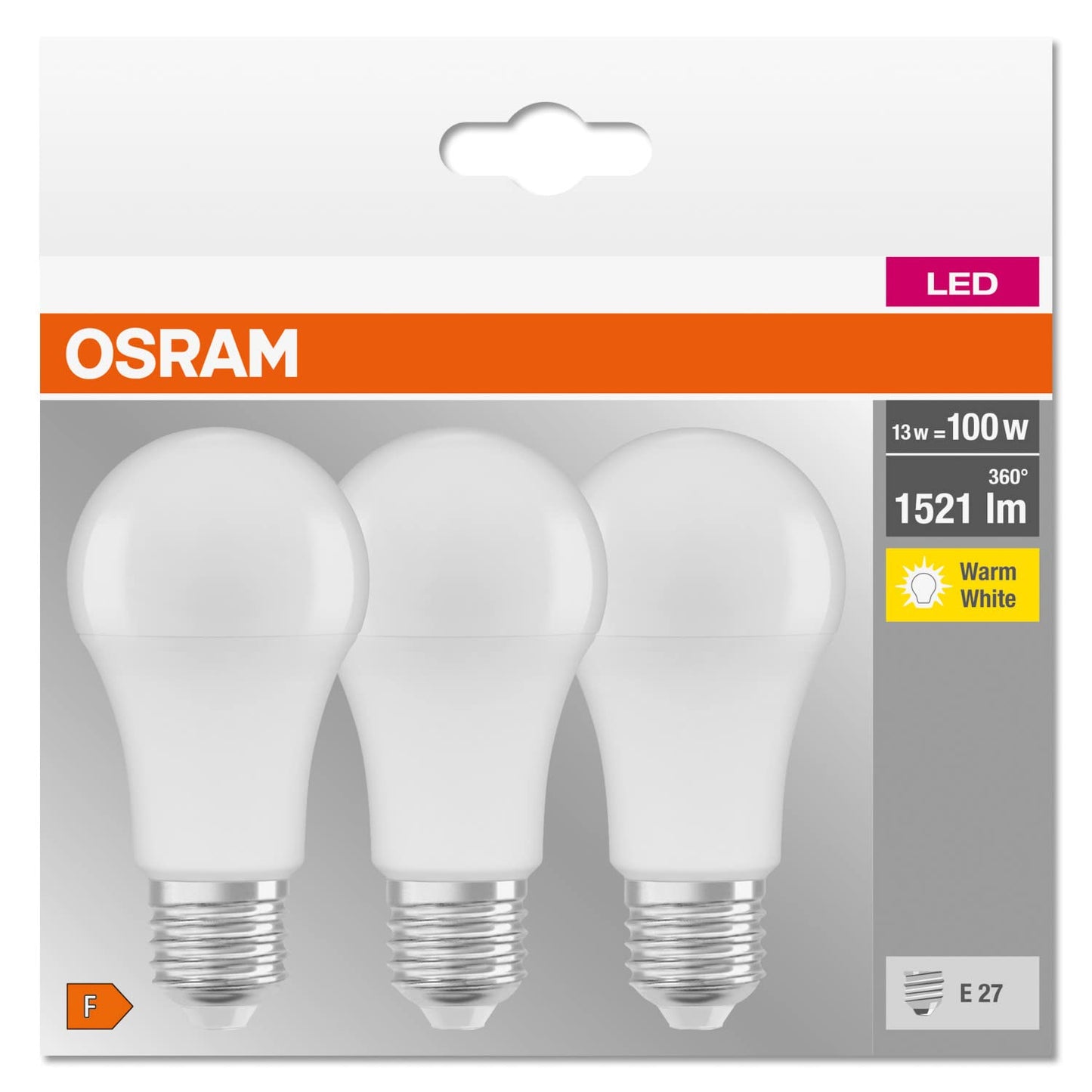 Osram LED Base Classic A, in bulb shape with E27 base, not dimmable, replaces 100 watts, matt, warm white - 2700 Kelvin, 10 x pack of 3 - 4058075819429