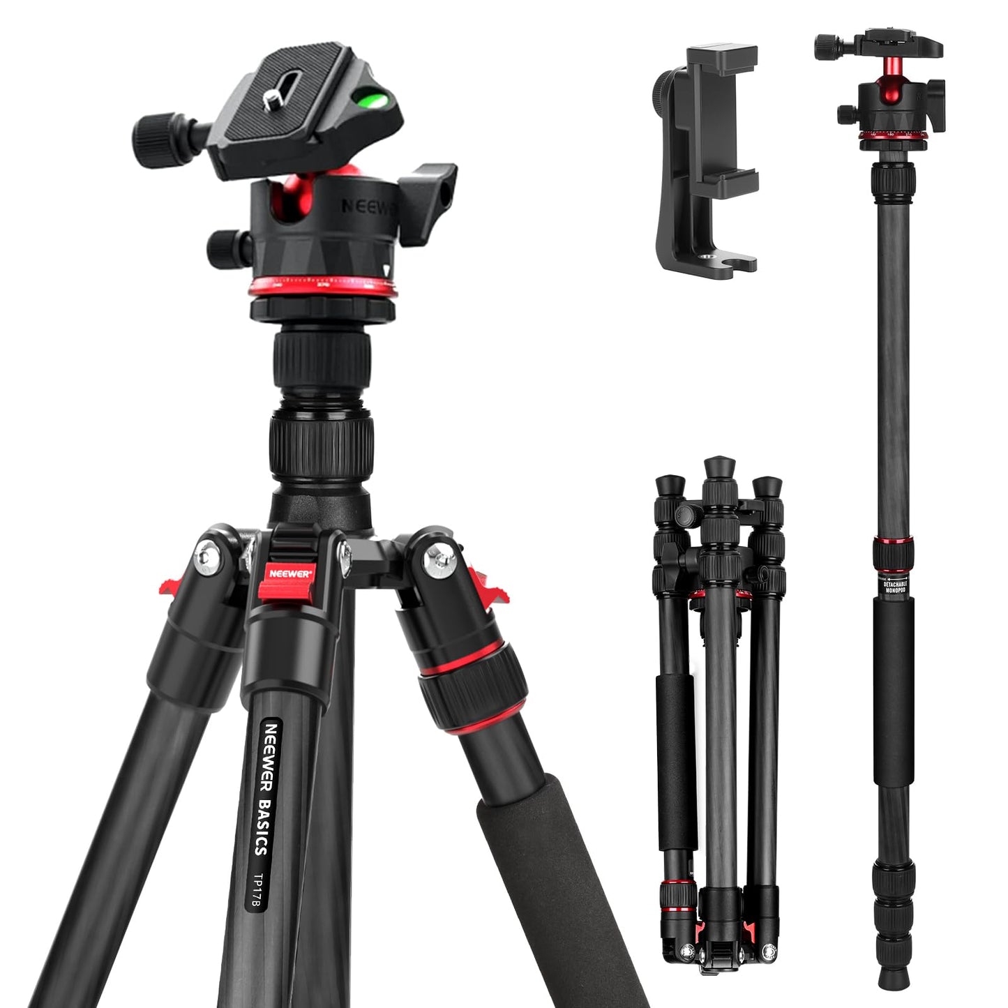 NEEWER Basics Carbon Fiber Travel Tripod Monopod, 64" Compact Lightweight Portable Cell Phone Camera Tripod Compatible with iPhone Video Recording, Arca Ball Head, Maximum Load 13.2 lbs, TP17B