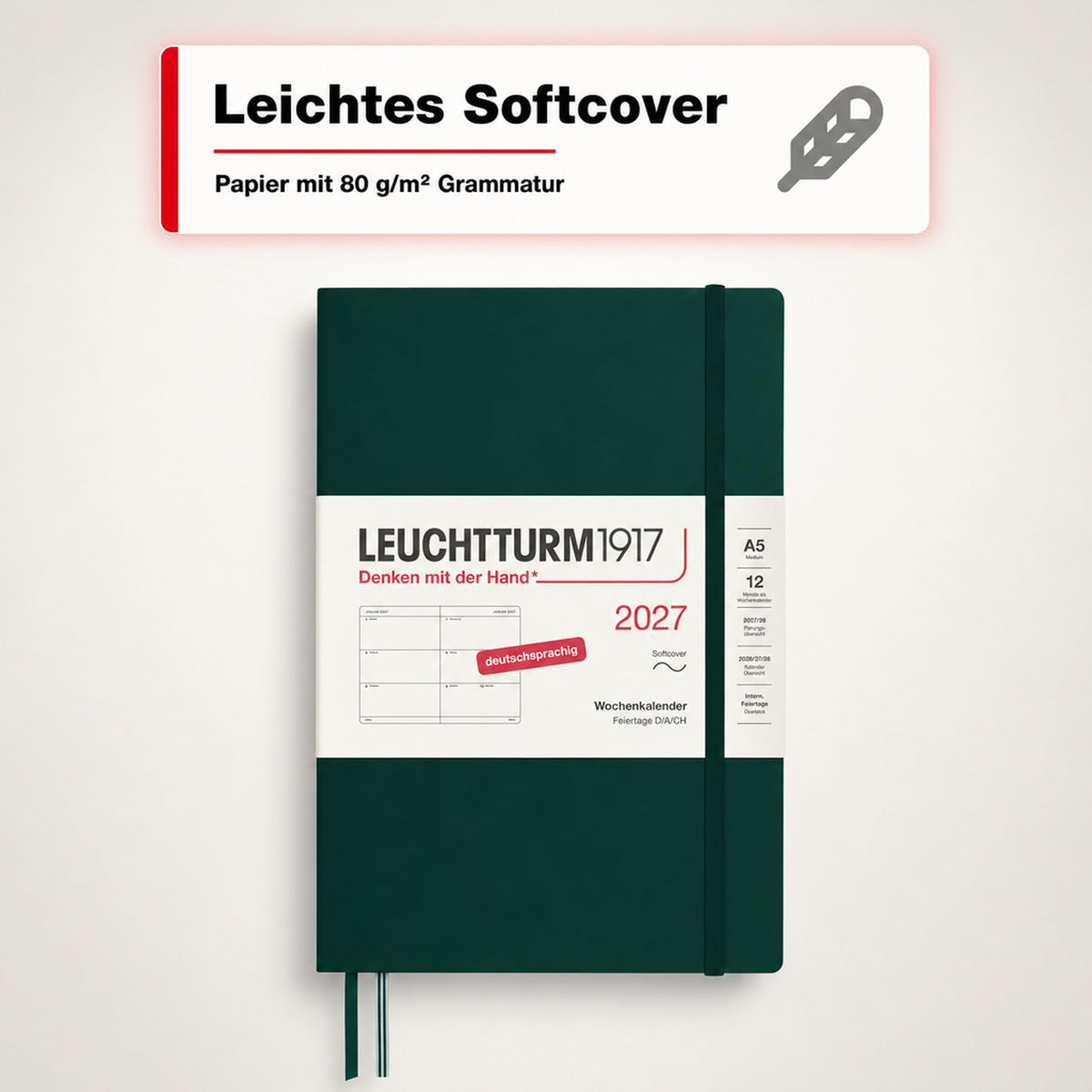 LEUCHTTURM1917 Calendar săptămânal 2027 mediu (A5) - germană, verde pădure, copertă moale, 12 luni - ianuarie-decembrie 2027, 1 săptămână pe pagină dublă, hârtie de 80 g/m² cu compatibilitate ridicată cu cerneală - 400131
