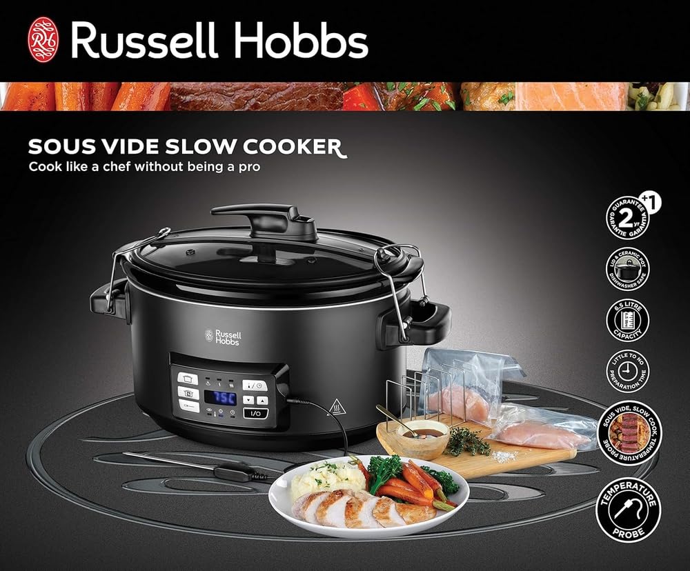 Russell Hobbs 3-in-1 Multi Cooker [Slow Cooker, Sous Vide, Roaster + Core Temperature Sensor] features a heavy 6.5L ceramic cooking pot for optimal temperature distribution (digital display/timer, temperature indicator) 25630-56.