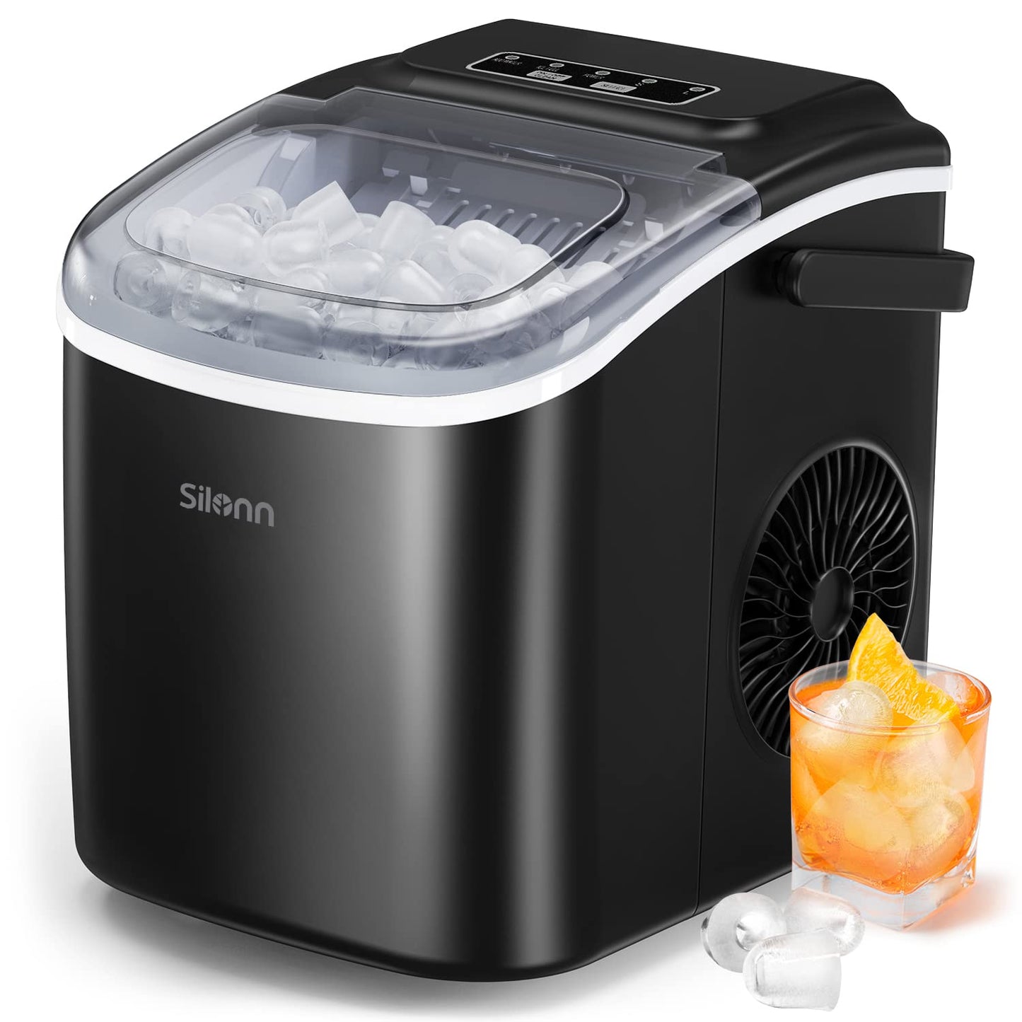 Silonn ice cube machine, ice cube maker 9 cubes ready in 6 minutes, 12 kg in 24 hours, self-cleaning small ice cube machine, 2 ice cube sizes for kitchen, office, bar and party, black - SLIM09B-4