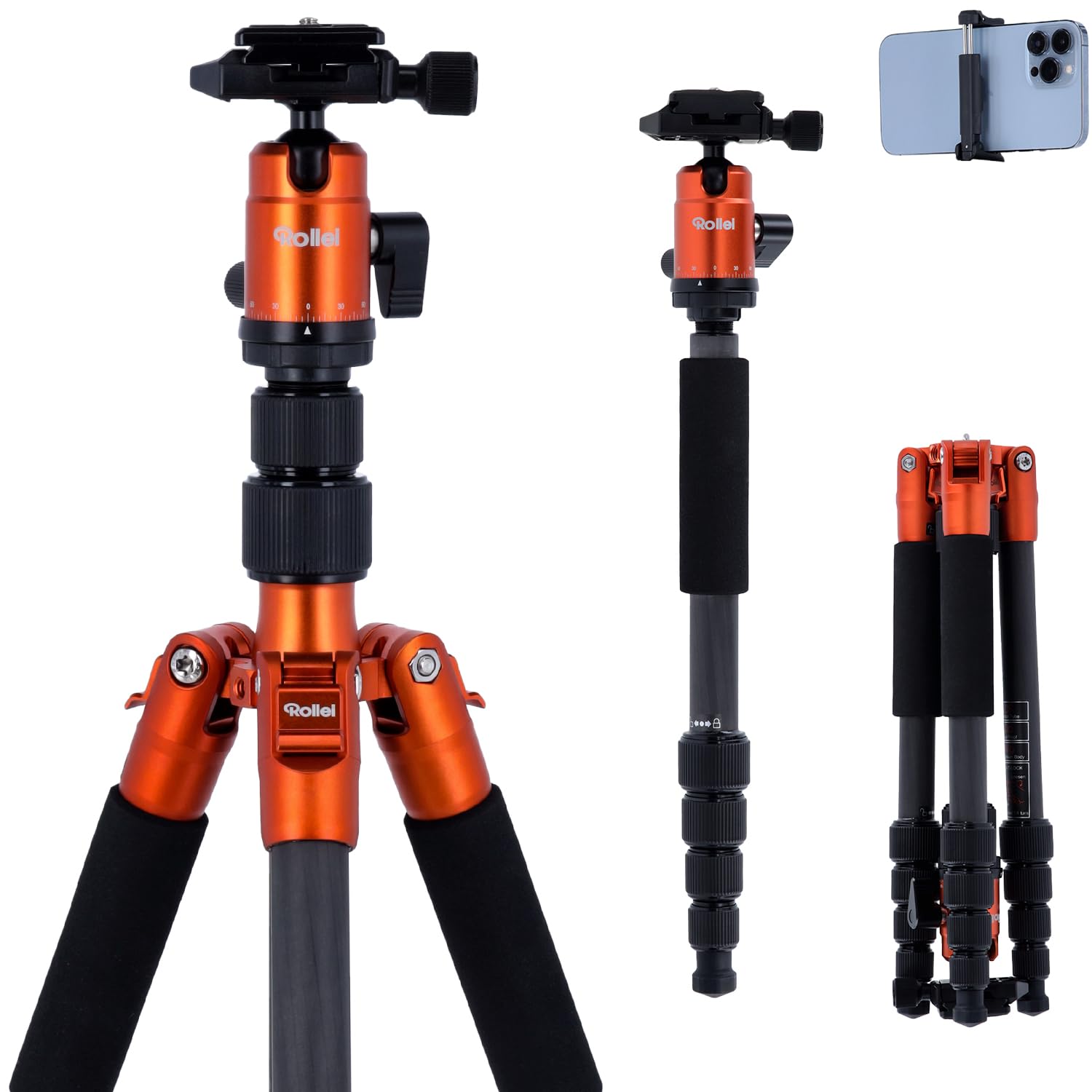 Rollei Compact Traveler No.1 Carbon Orange, 145cm camera tripod pack size 34cm compact photo tripod with ball head Arca Swiss compatible lightweight travel tripod with monopod function for DSLR & smartphone - 22579