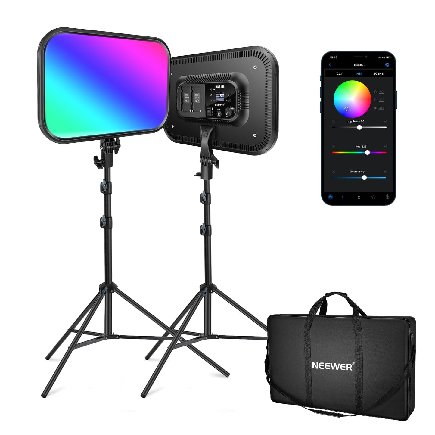 NEEWER RGB168 18.3" 60W RGB LED Video Light Panel Set with Tripod Stand App Control 360° Full Color Dimmable 2500K-8500K RGB Video Light/CRI 97+/17 Scene Effects Studio Continuous Light Photography, 2 Pack - 10101825