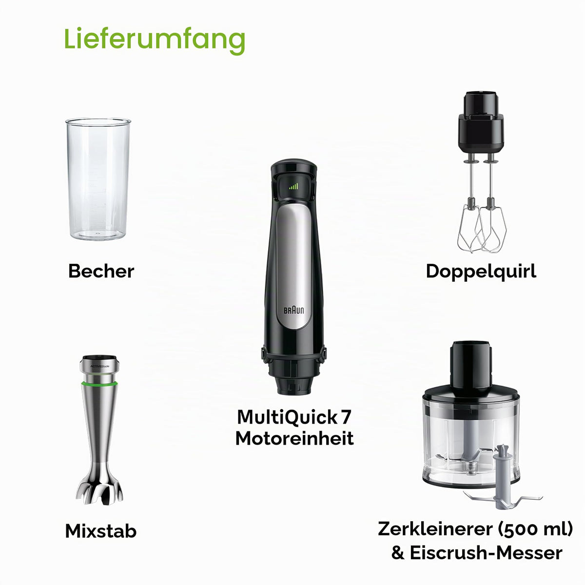 Braun Household MultiQuick 7 Mixer, splash guard, dishwasher safe, BPA-free, 600 ml, chopper 500 ml, ice blade, MQ 7035XBI, 1000 W, black, MQ7035XBI