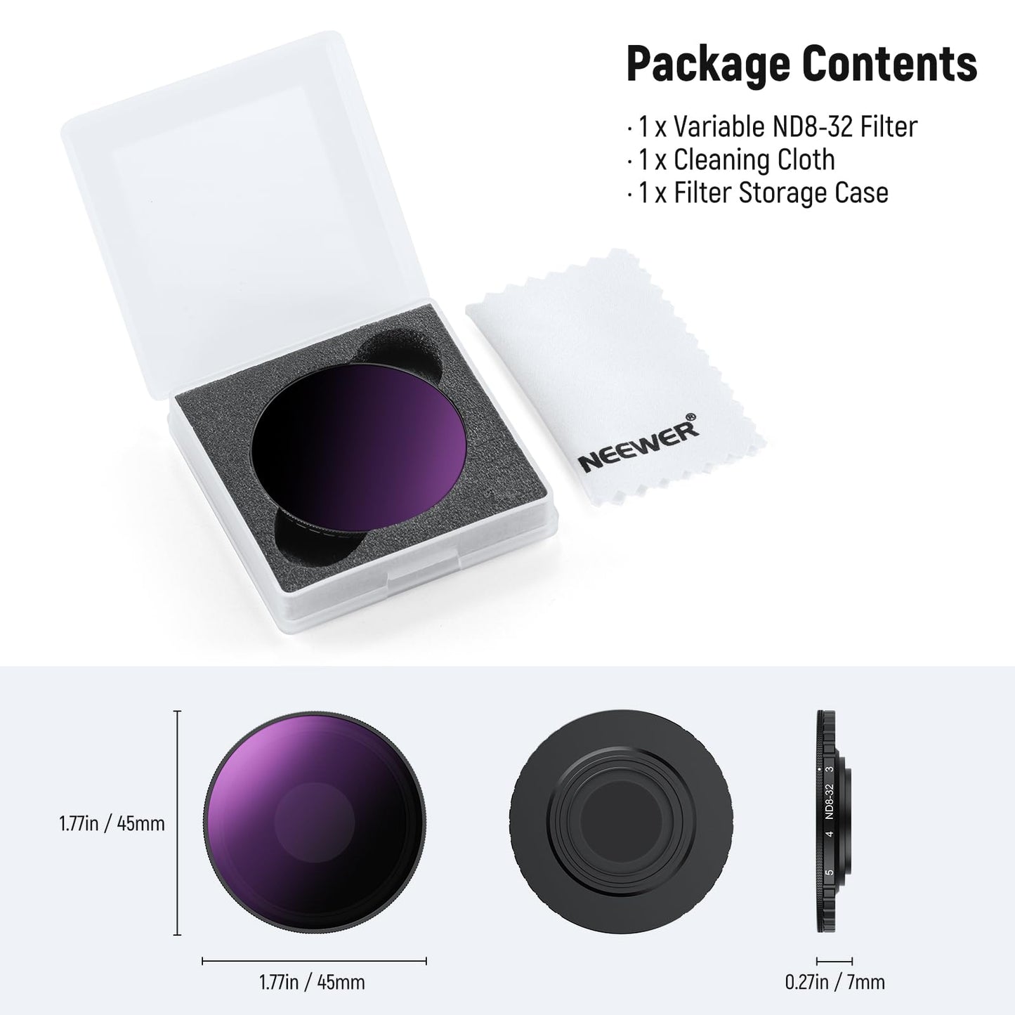 NEEWER Variable ND filter, compatible with DJI Osmo Action 5 Pro Action 4, ND8-32 (3-5 stops), screw-on gray filter lens filter, multi-coated optical HD glass action camera accessories - 10106092