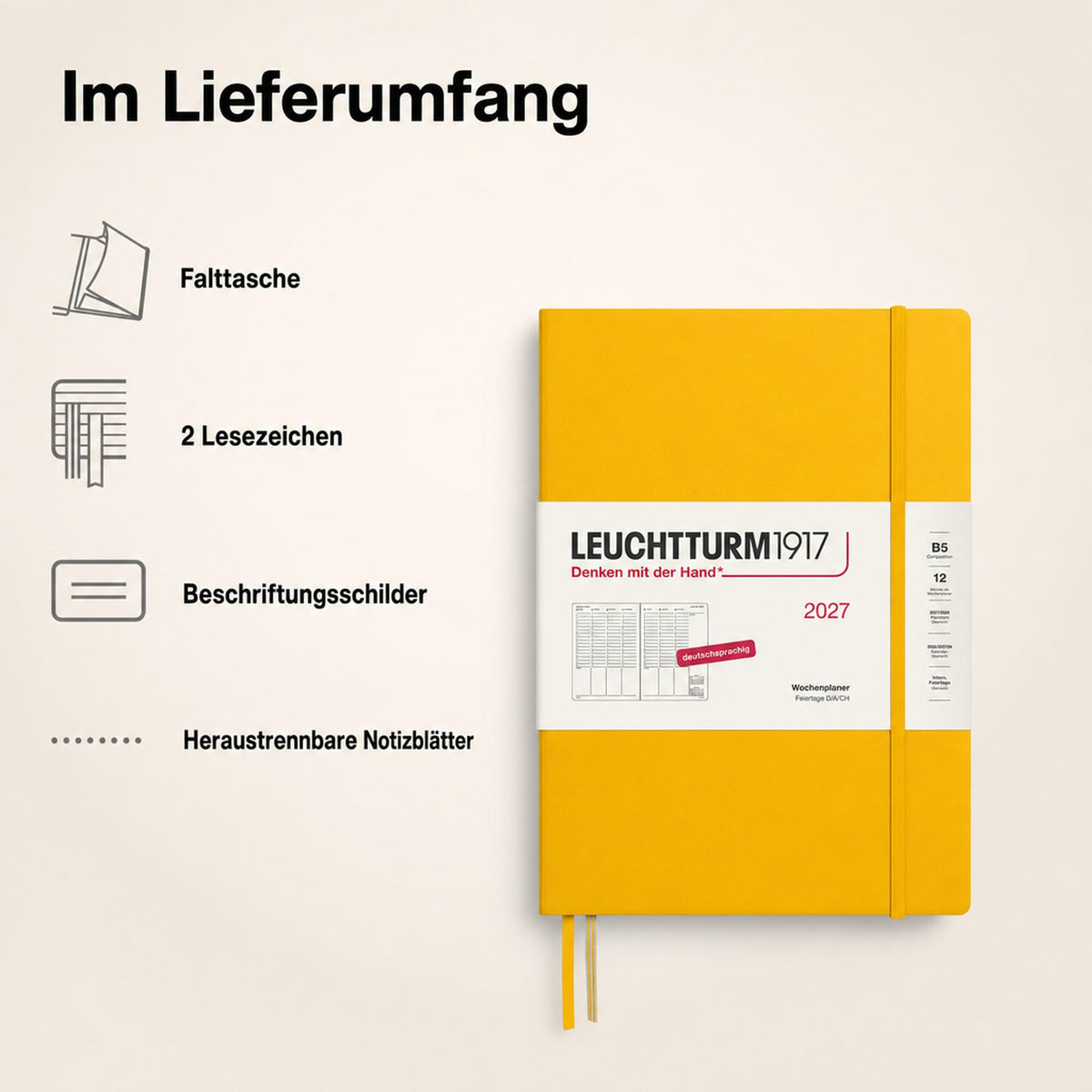 LEUCHTTURM1917 weekly planner 2027 Composition (B5) - German, Sunflower, 254 x 178 mm, January-December (12 months), weekly overview with hourly grid 7:00-22:00 per column, hardcover, 80 g/m² paper - 400143