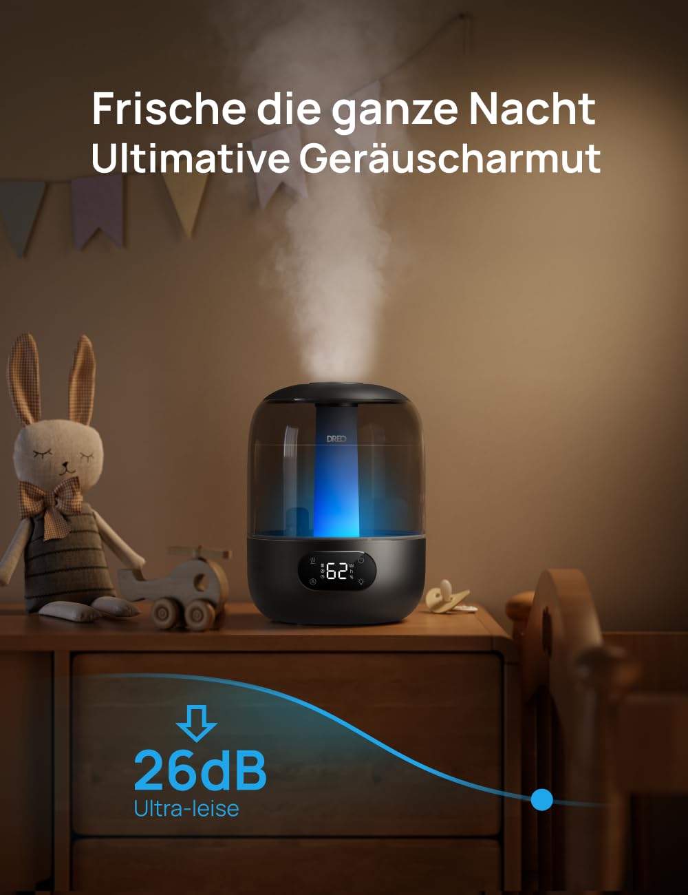 Dreo Bedroom Humidifier, 30 Hour Cold Mist Ultrasonic Humidifier, 3L Top Fill Tank, Humidity Sensor, Night Light for Baby, Nursery, Plants and Home - DR-HHM006