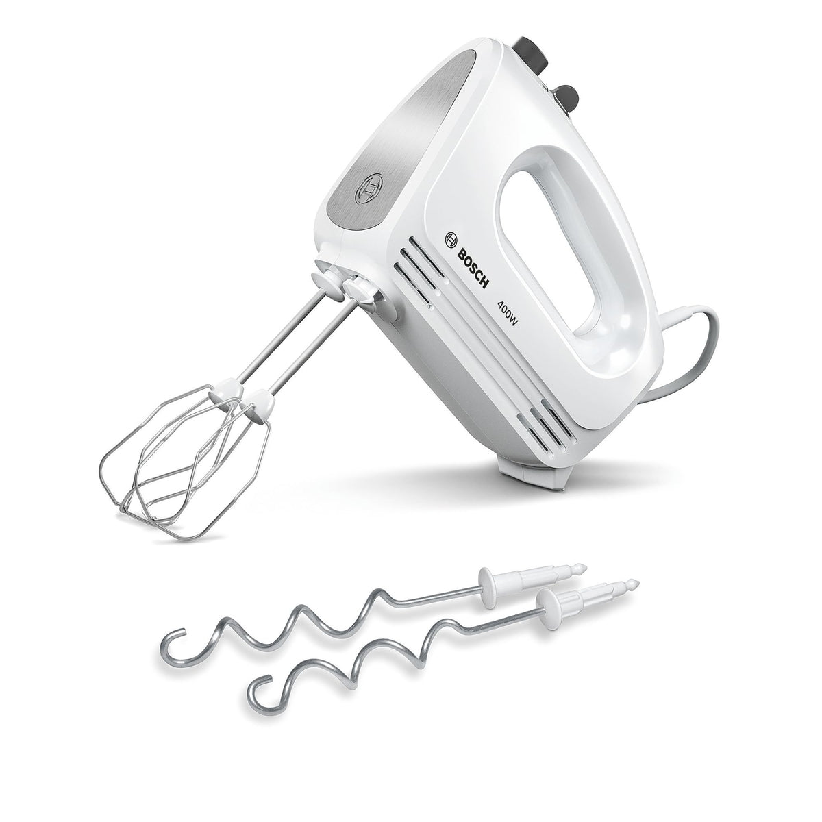 Bosch Hand Mixer, 2 beaters, 2 dough hooks, stainless steel, dishwasher safe, 4 speed settings, turbo function, lightweight, quiet, 400 W, white, CleverMixx MFQ24200