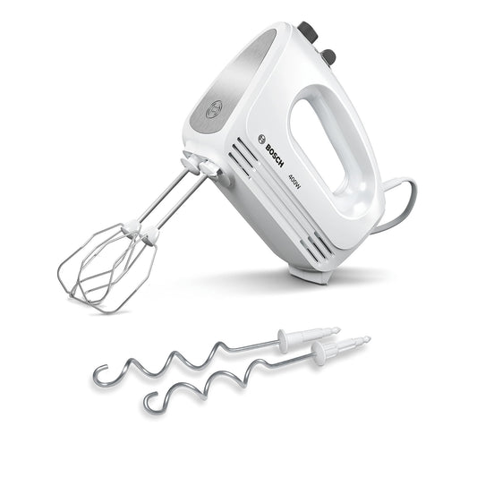 Bosch Hand Mixer, 2 beaters, 2 dough hooks, stainless steel, dishwasher safe, 4 speed settings, turbo function, lightweight, quiet, 400 W, white, CleverMixx MFQ24200