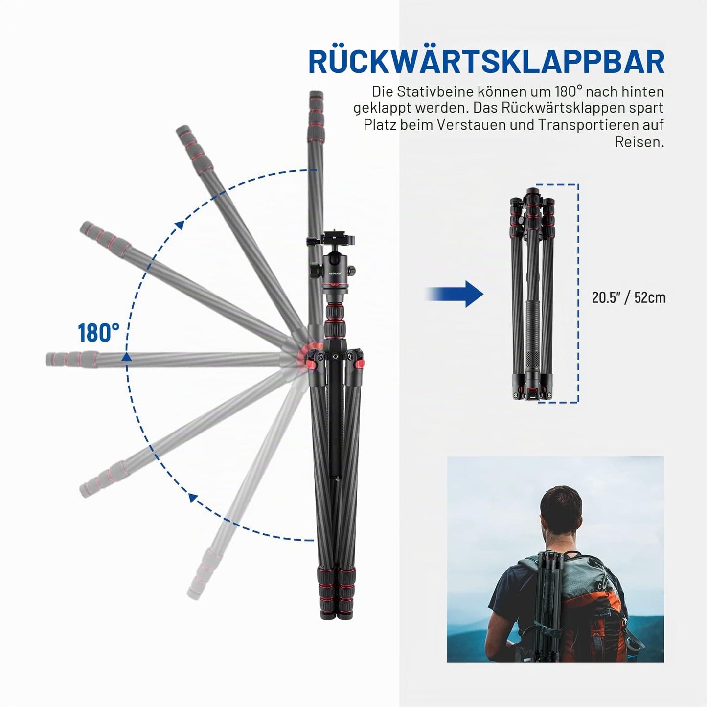 NEEWER 205cm carbon fiber travel tripod, new camera tripod with 2-part central axes, 360° panoramic ball head, 1/4" Arca type QR plate, with ø28mm column, monopod tripod max load 26.5 lb, N55CR