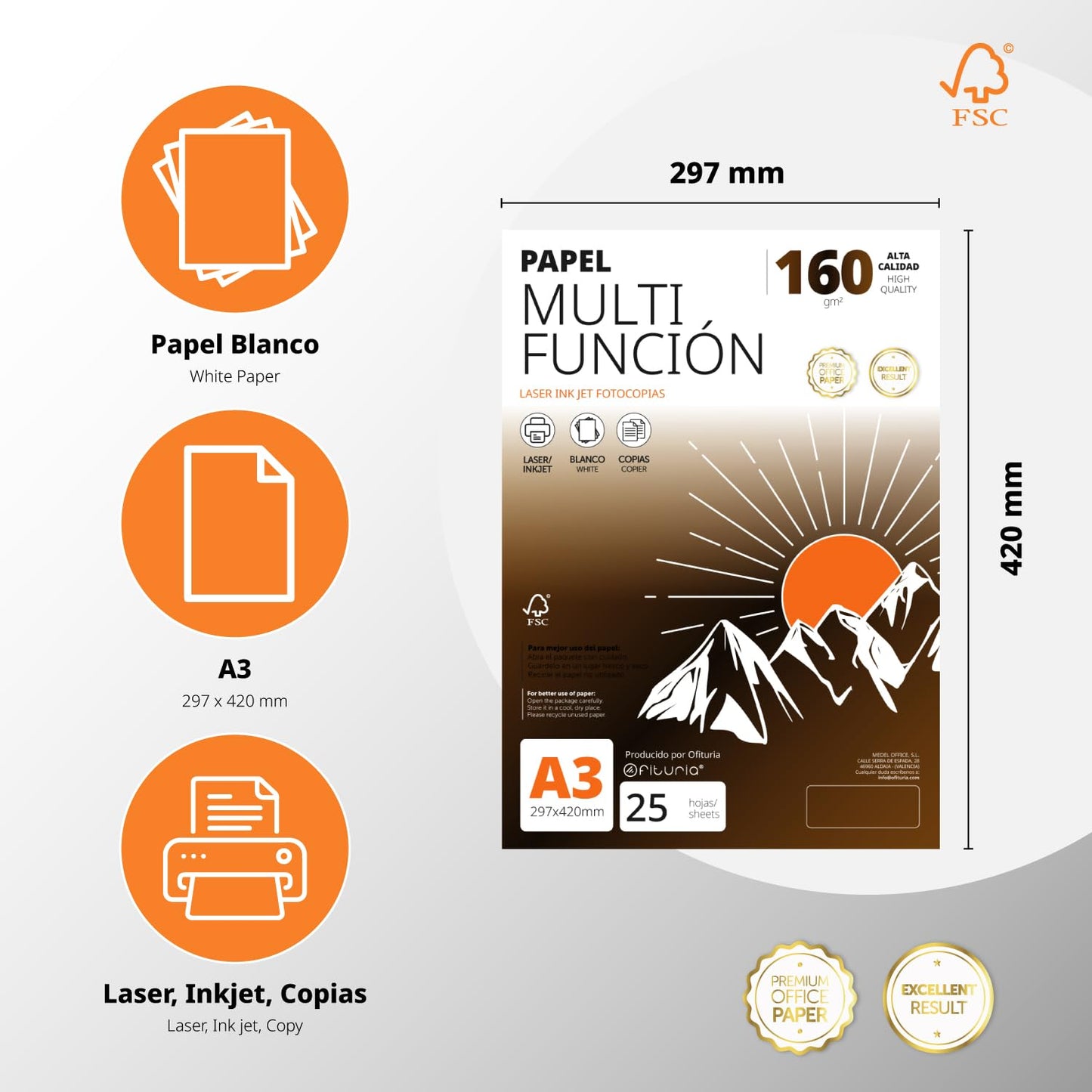 A3 Paper 160g 200 Sheets, Multifunctional Paper for Printers, Paper for Projects, Illustration, Lettering, Professional Creative Projects, A3 Office Paper, School Supplies - Ofituria (160g, 200 Sheets) - COM0574