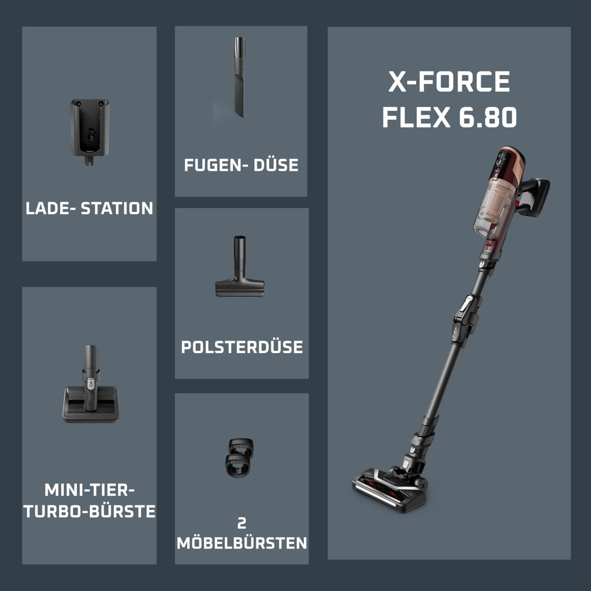 Rowenta X-Pert 6.80 Flex cordless vacuum cleaner, powerful 100 AW, long runtime up to 60 minutes, LED nozzle, handheld vacuum only 1.4 kg, includes pet hair accessories, wine red/black, RH6495E0