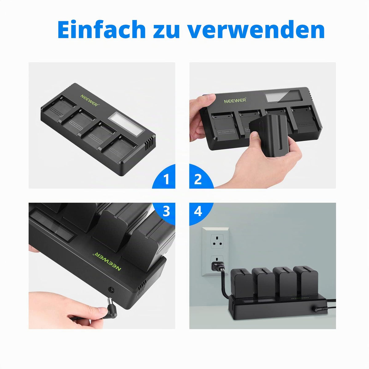 NEEWER 4-Pack 7.4V 6600mAh NP-F970 Replacement Batteries with 4-Channel Charger and Power Supply, compatible with NP-F550/750/770/970 FM500H QM71D QM91D, field monitor, video light. - 10100926