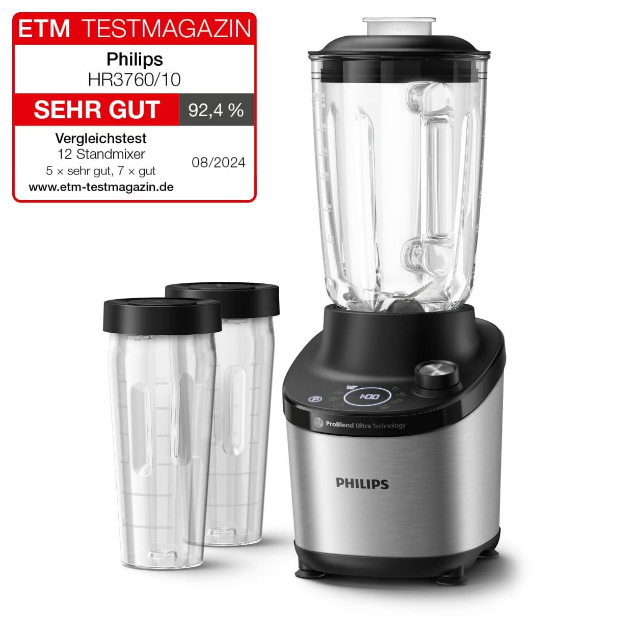 Philips 7000 Series High Performance Blender - ProBlend Ultra Technology, 1,500 W, 2 L Glass Container, Quick Select Programs for Smoothies & Soups, HomeID App, Dishwasher Safe Parts (HR3760/10)