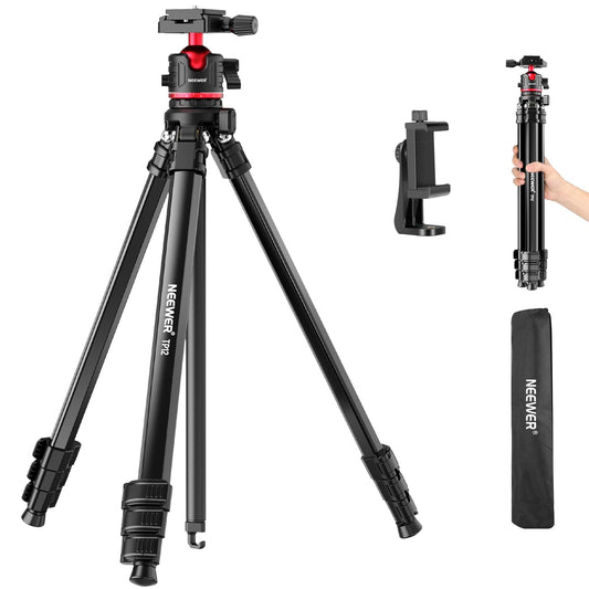 NEEWER Basics 169cm travel tripod for camera, lightweight DSLR tripod with ball head, Arca type quick release plate, cell phone holder compatible with iPhone video recording, maximum load 11lb, TP12