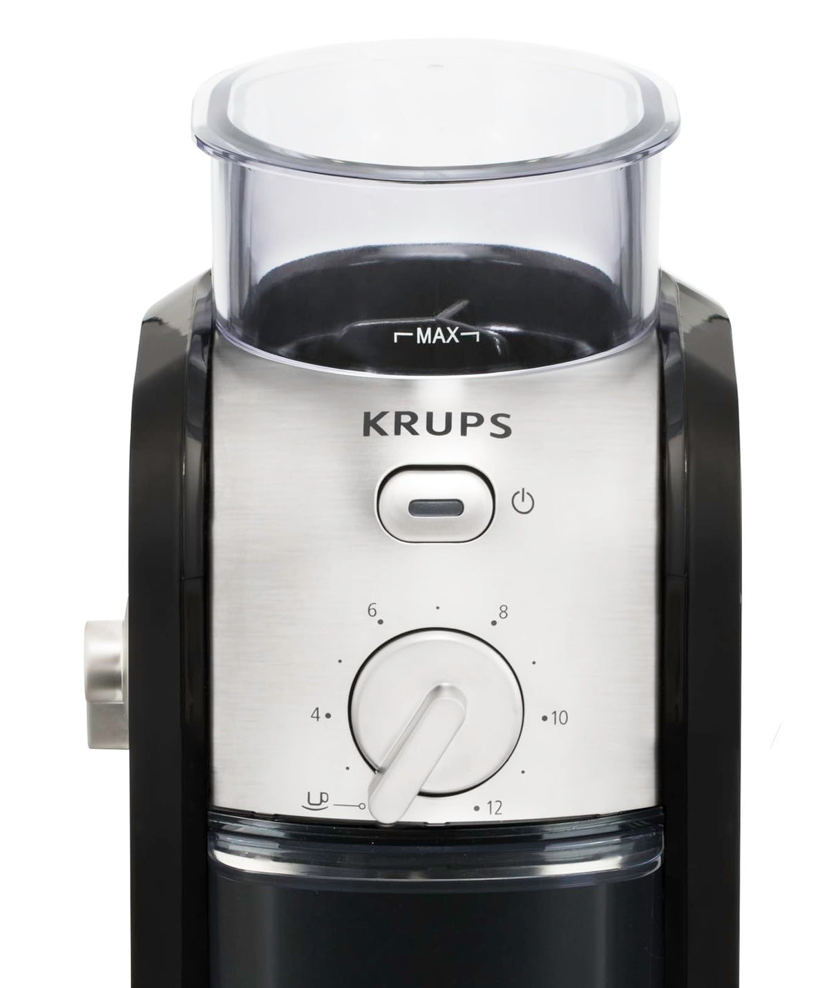 Krups electric coffee grinder with grind size and cup quantity selection, stainless steel conical burr grinder, 17 different settings, large filling opening with safety lid, espresso grinder, black, GVX212 - GVX242