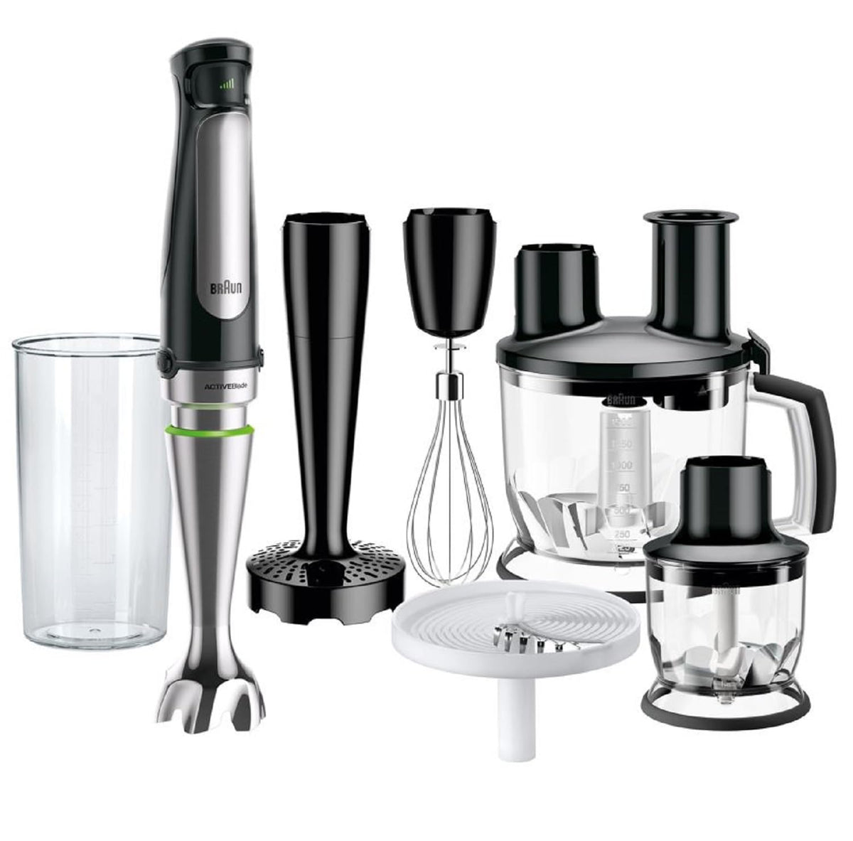 Braun MultiQuick 7 - Hand blender with SplashControl technology, ActiveBlade system, precise speed control, 1.5L kitchen mixer, chopper, whisk, 600 ml cup, 1000W, Black (MQ7087X)