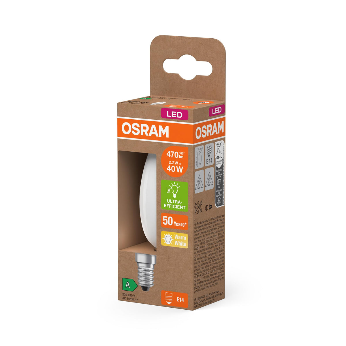 Osram LED Superstar Classic LED Bulb B 40 in classic mini candle shape made of frosted glass, 2.2 W, 470 lm, E14 base, warm white light with 2700 K, energy efficiency class A, 35 mm diameter, 6-Pack - 4099854255625