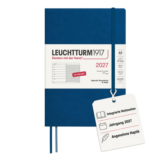 LEUCHTTURM1917 weekly calendar 2027 medium (A5) with notebook, lined - appointment planner French, indigo, softcover, January-December 2027, weekly overview on the left + note page on the right - 400393
