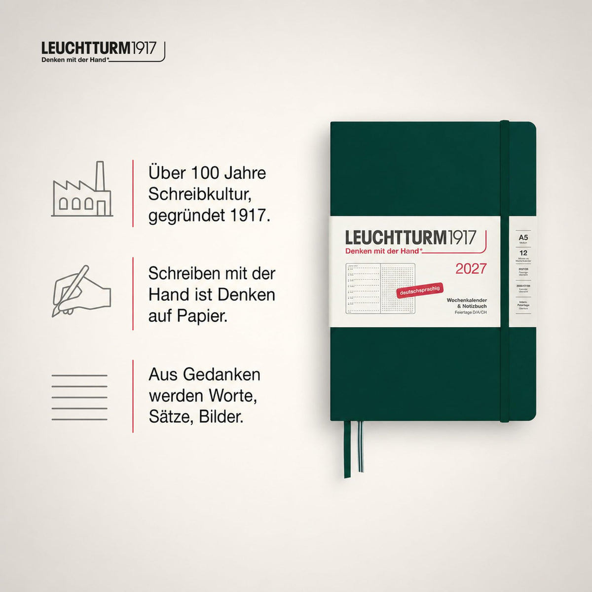 LEUCHTTURM1917 Calendar săptămânal 2027 punctat mediu (A5) cu caiet - Planificator de întâlniri german, verde pădure, ianuarie-decembrie 2027, prezentare generală săptămânală în stânga + pagină cu note în dreapta - 400095