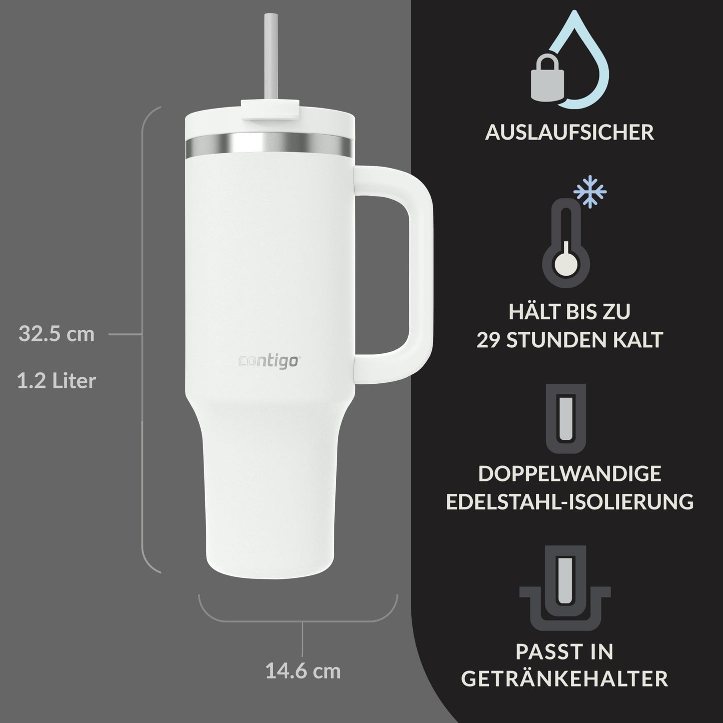 Contigo thermos bottle 1200 ml with handle and straw | Stainless Steel Insulated Thermal Drinking Bottle with Lid | Cools for 29 hours | Travel Mug | Thermo mug | - 2217786