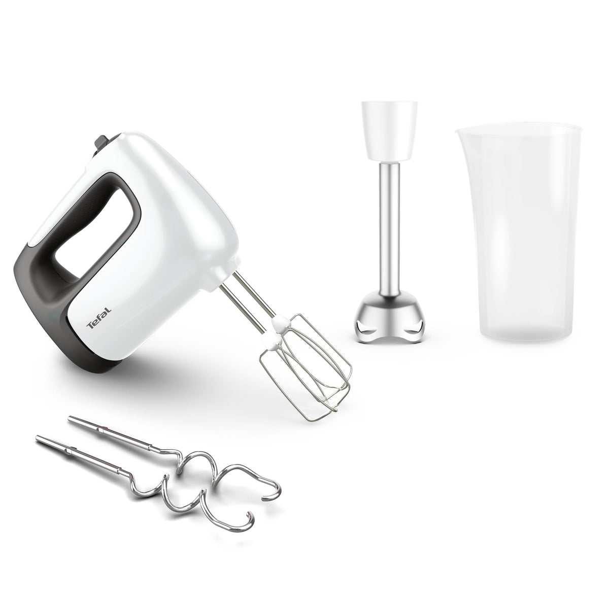 Tefal Prep'Mix + Handmixer cu blender, ideal pentru preparate ușoare și consistente, motor puternic de 500 W, 5 viteze, funcție turbo, accesoriu pentru blender, alb/gri, HT462138