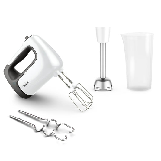 Tefal Prep'Mix + Hand Mixer with Blender, ideal for light and thick preparations, powerful 500 W motor, 5 speeds, turbo function, blender attachment, white/gray, HT462138