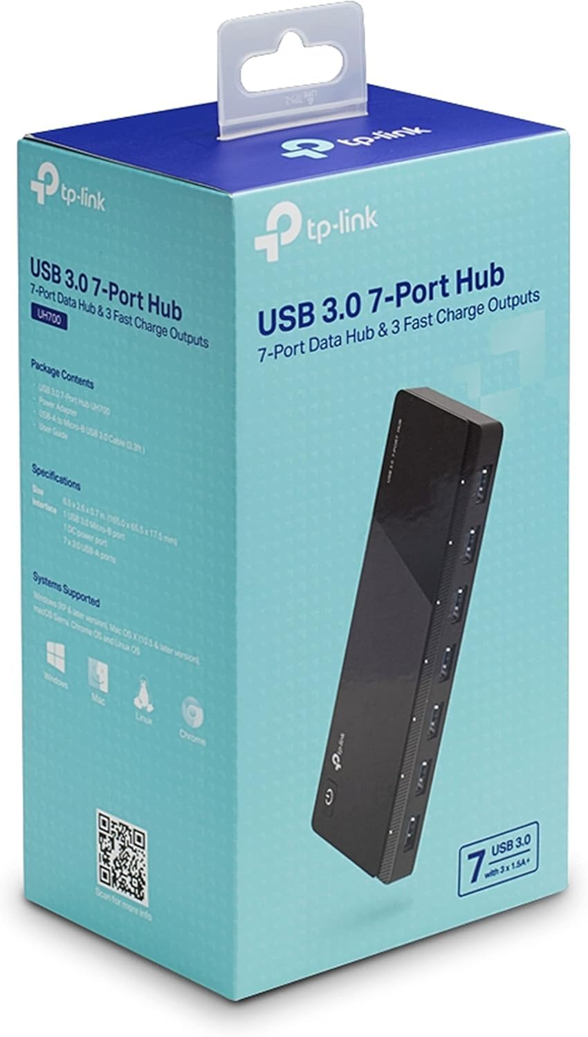 TP-Link UH700 USB 3.0 hub with power supply, 7-port USB distributor & splitter, ideal USB adapter multiple times for Windows, Mac, Chrome & Linux OS, with power supply & ON/OFF switch - TL-UH700