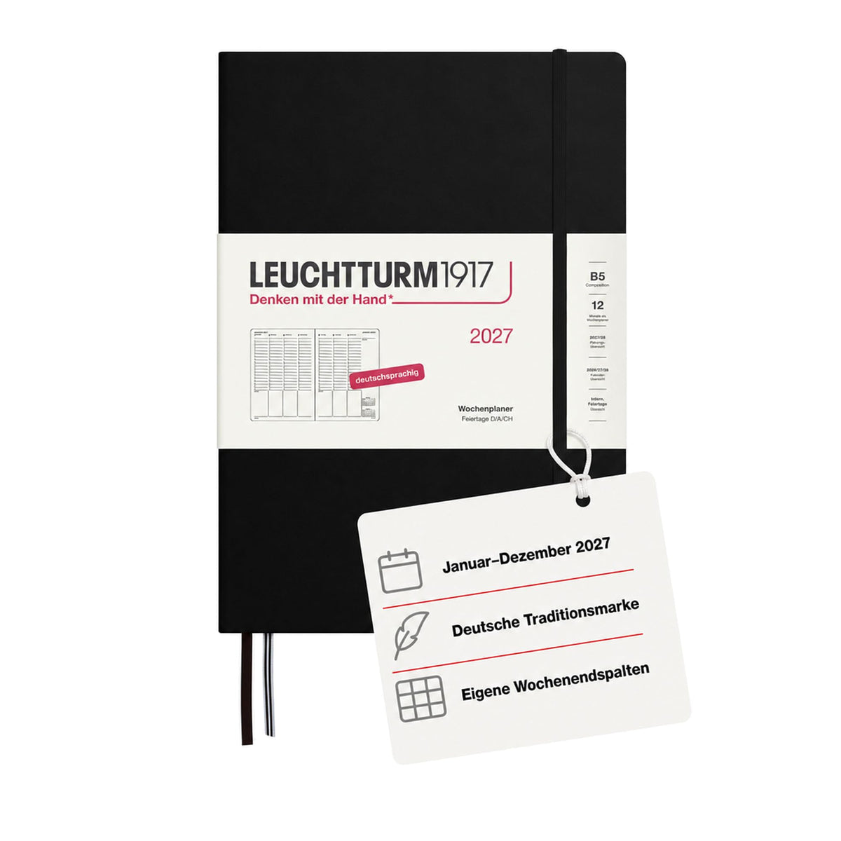 LEUCHTTURM1917 weekly planner 2027 Composition (B5) - German, black, 254 x 178 mm, January-December (12 months), weekly overview with hourly grid 7:00-22:00 per column, hardcover, 80 g/m² paper - 400141