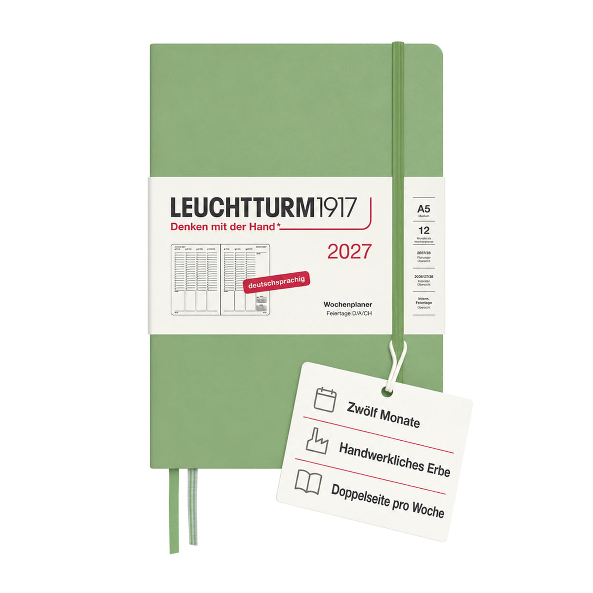LEUCHTTURM1917 planificator săptămânal 2027 Medium (A5) - germană, salvie, 210 x 145 mm, ianuarie-decembrie (12 luni), prezentare generală săptămânală cu grilă orară 7:00-22:00 per coloană, copertă cartonată, hârtie de 80 g/m² - 400149