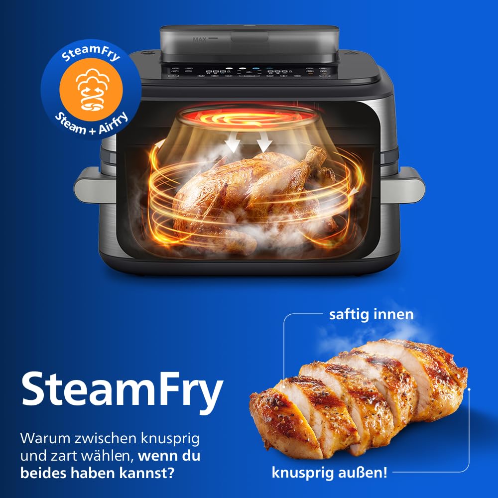 Philips Steam Airfryer 5000 Series Megabasket - Hot air fryer with steam function - Steam, Airfry, SteamFry, 9.5L Megabasket or 3L + 6L Dual Basket, basket separator, steam cleaning (NA565/00)