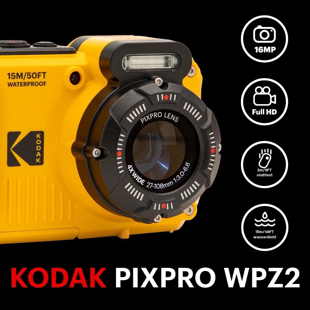 KODAK Pixpro Pack WPZ2 + 1 SD card KODAK - Compact 16M pixels, waterproof to 15m, shockproof, video 720p, LCD display 2.7 inch - lithium-ion battery - yellow
