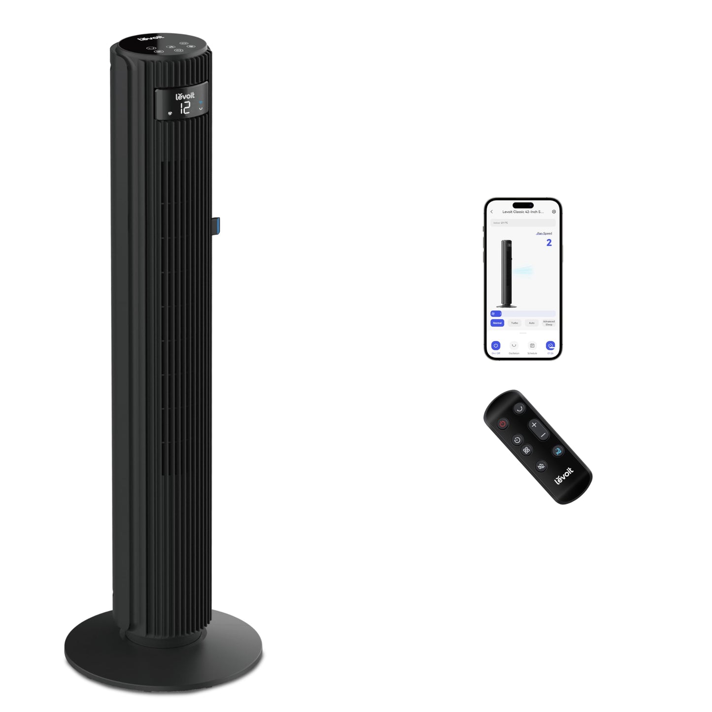 Levoit - Smart APP Tower Fan Quiet Fan for Bedroom - 4 Modes/12 Levels/12 Hour Timer - Remote Control & Cooling - 7.9m/s - Sensor & Voice Control Stand Fan - Black, 106 cm - LTF-F422S-KEU