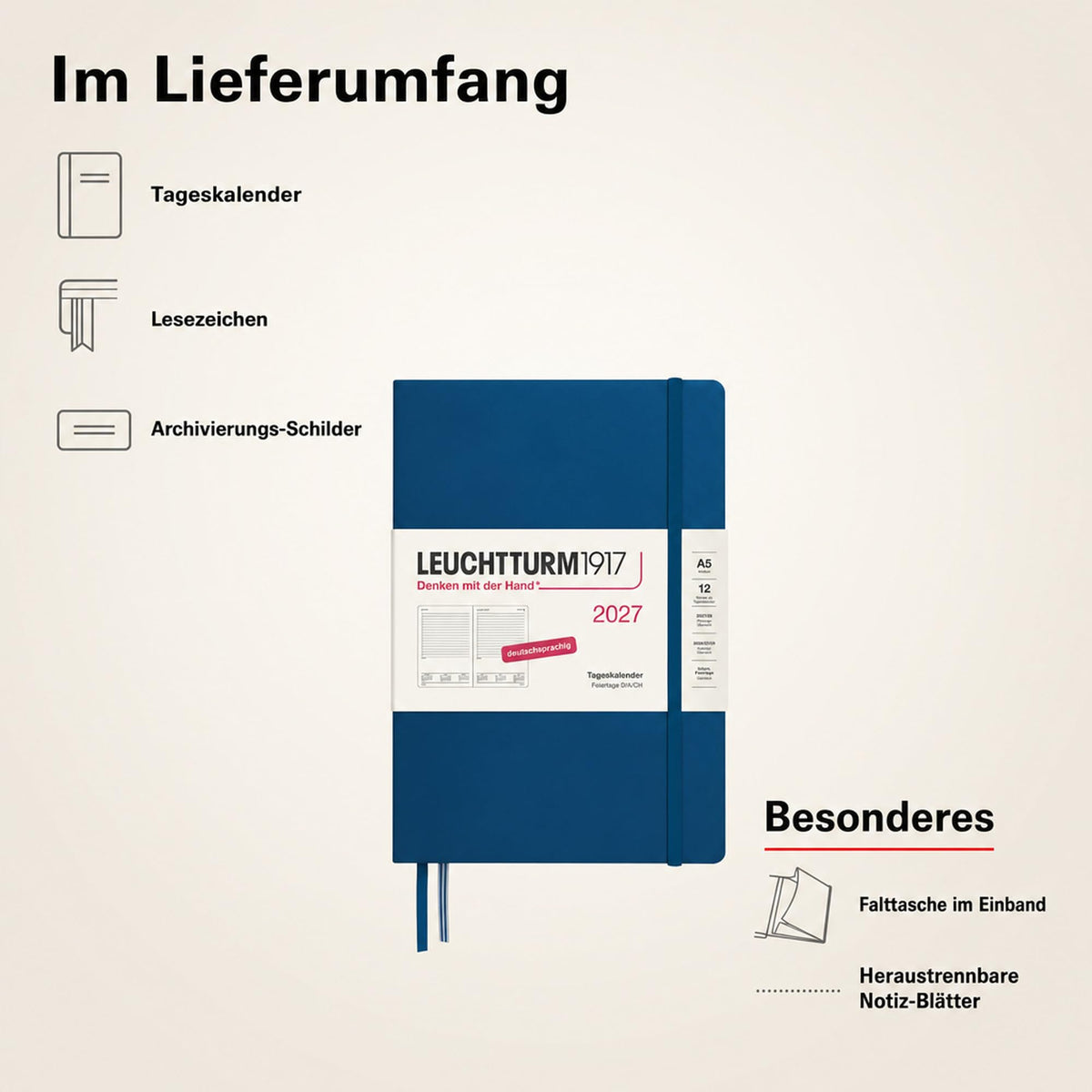 LEUCHTTURM1917 Daily Calendar 2027 Medium (A5) - German, Indigo, 145 x 210 mm, January-December (12 months), 1 page per day, hourly grid 7:00-22:00, hardcover, 80 g/m² paper - 400163