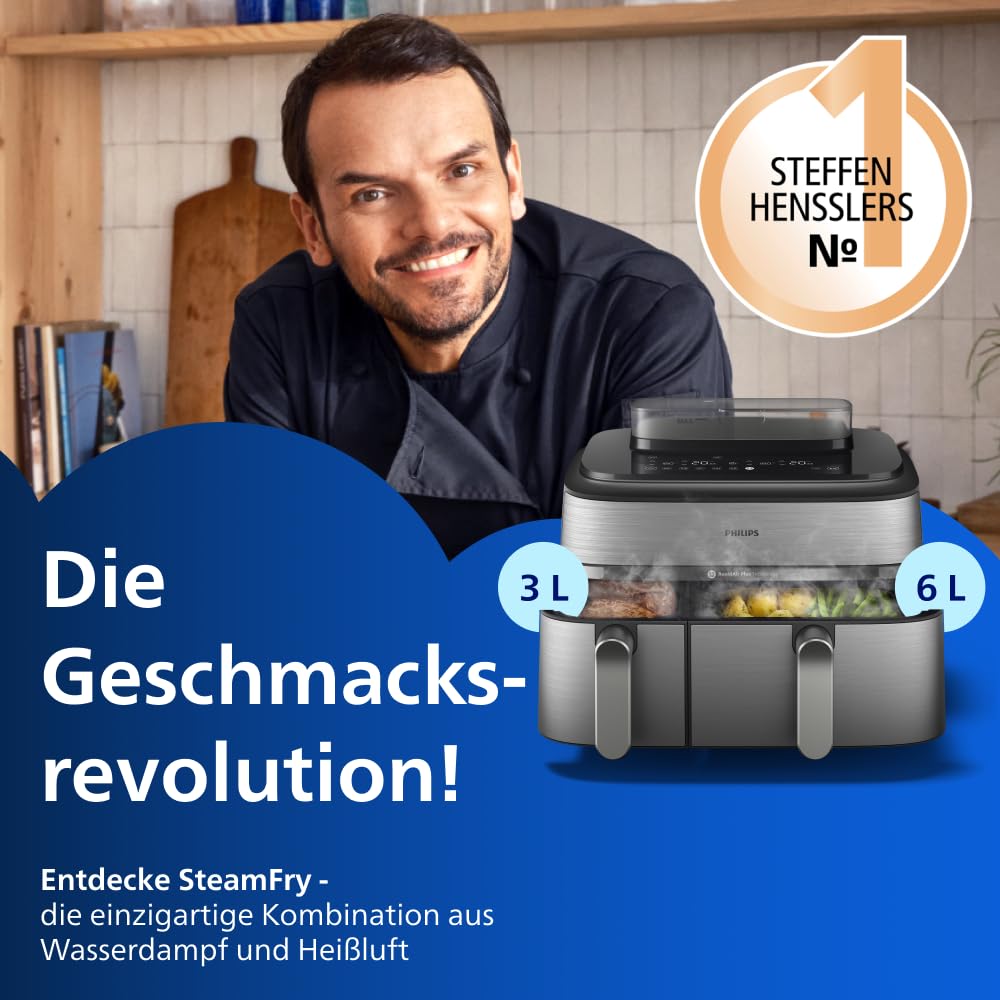 Philips Steam Airfryer 5000 Series Dual Basket Hot Air Fryer with Steam Function & 2 Baskets - Steam, Airfry, SteamFry, 9L (3L+6L), RapidAir Plus, Automatic Steam Cleaning (NA555/00)