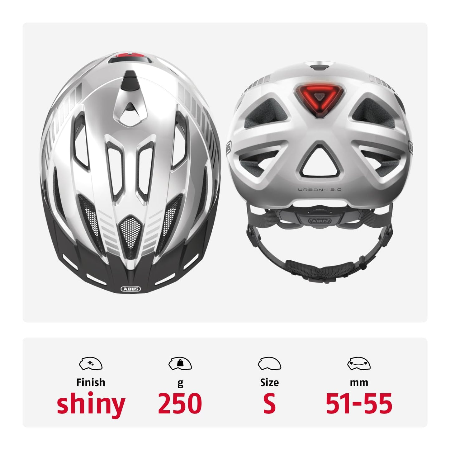 ABUS city helmet Urban-I 3.0 - bicycle helmet with rear light, peak and magnetic fastener - for men and women - silver, size S - 86874