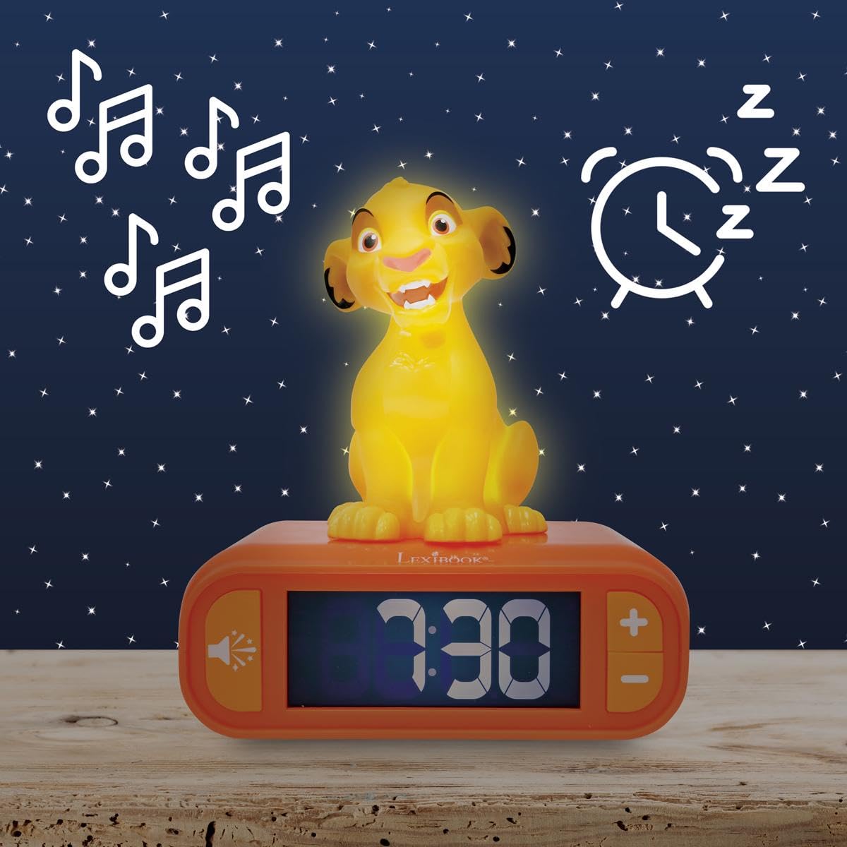 Lexibook, Disney The Lion King, Simba Night Light Alarm Clock, Sounds and Melodies, LCD Screen with Backlight, Illumination, Snooze Function, Yellow/Orange, RL800ANLXB