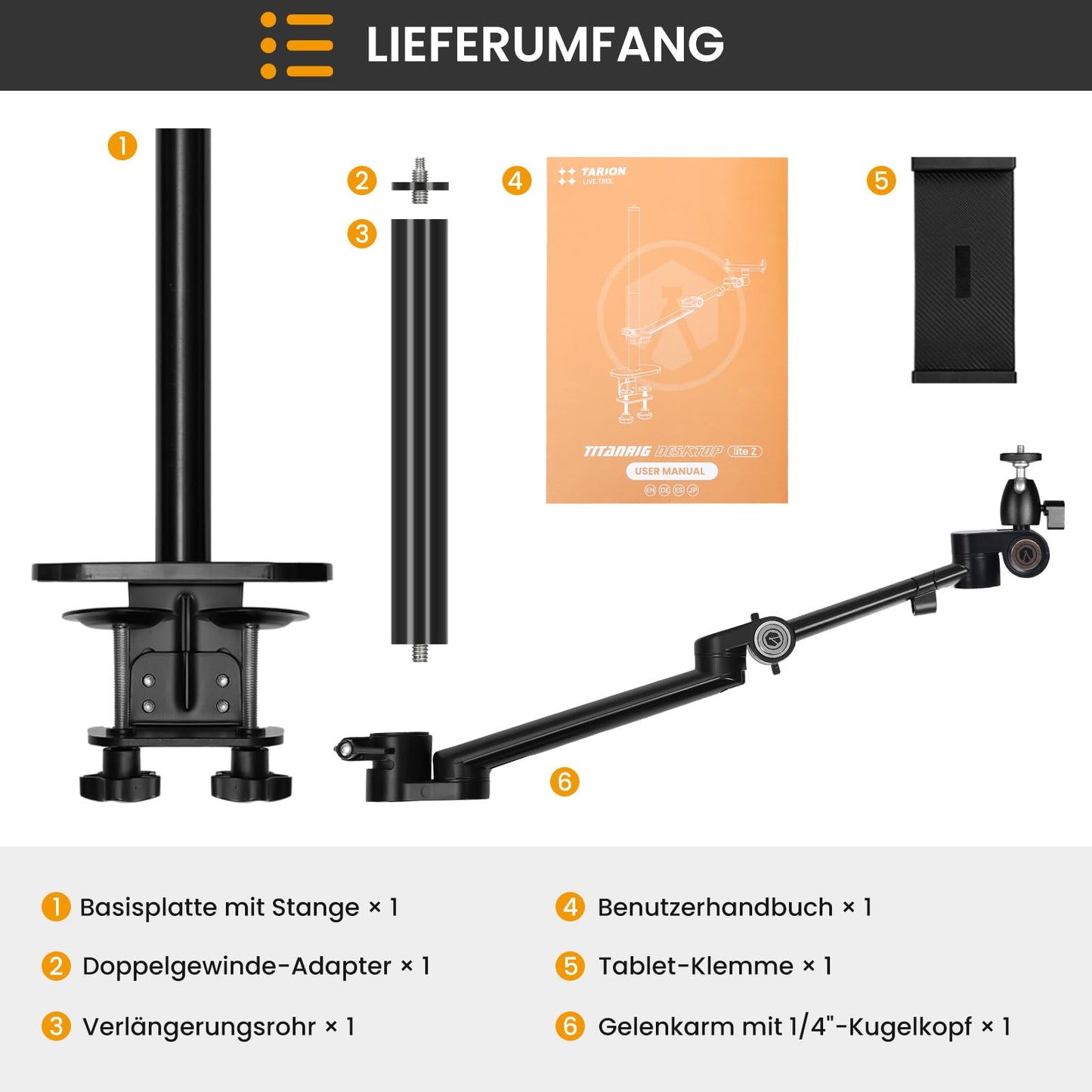 TARION table tripod camera table holder clamp tripod: camera overhead tripod table holder flexible joint arm table clamp tripod with tablet clamp for DSLR cameras ring lights webcam titan rig (Lite Z) - Titanrig