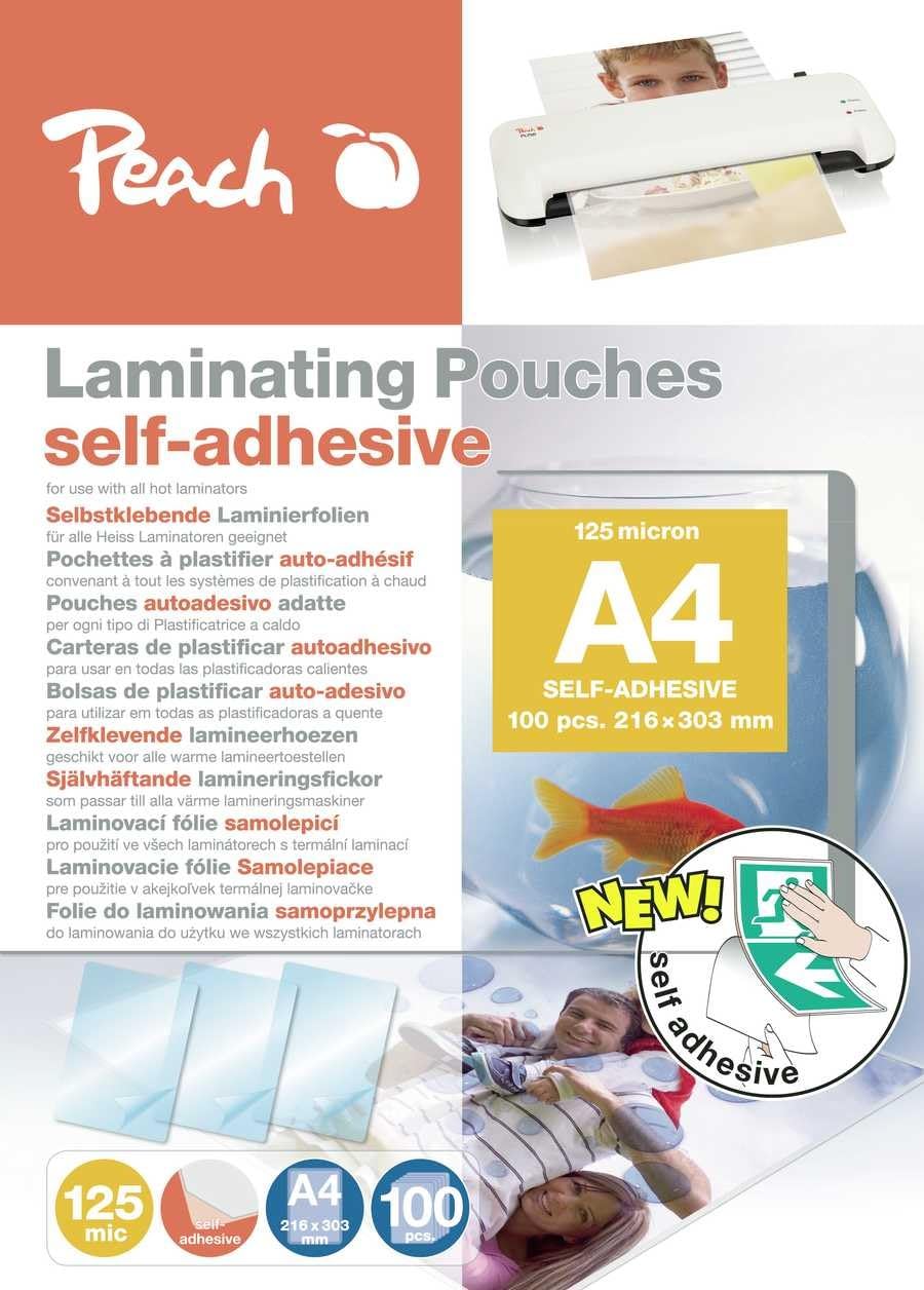 Peach laminating film A4-125 mic - 100 pieces - self-adhesive back - suitable for self-made pictures or signs etc. - compatible with laminating devices from all brand manufacturers - S-PP525-17 - VF-YV-1347