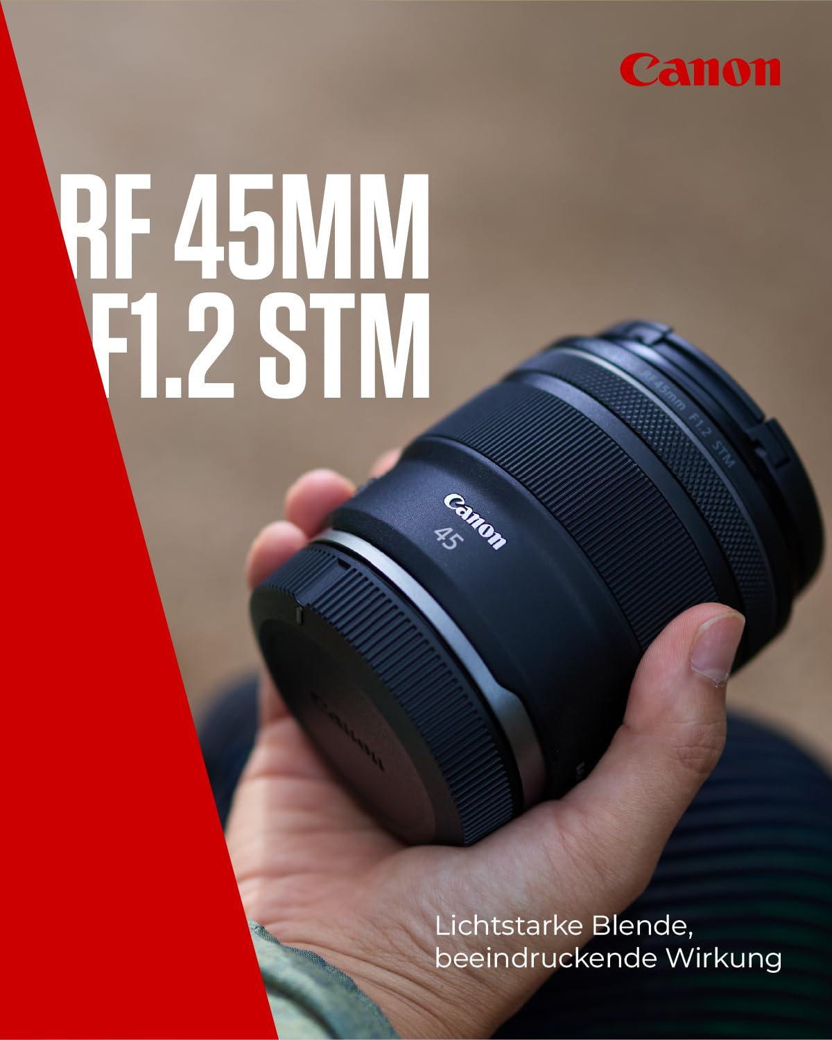 Canon lens RF 45mm F1.2 STM - fixed focal length lens with F1.2 light intensity - ideal for portrait photography - compatible with Canon EOS R system