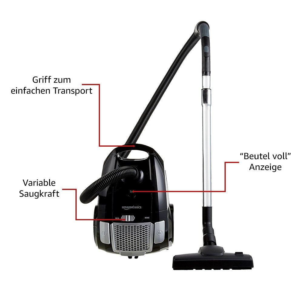 Amazon Basics Vacuum Cleaner with Bag, Powerful, Hard Floors and Carpets, HEPA Filter, with Speed Control, 700W, 3.0L, EU, Black - 12M-71EU4