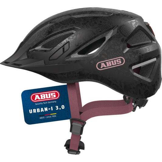 ABUS city helmet Urban-I 3.0 - bicycle helmet with rear light, peak and magnetic fastener - for men and women - black with floral pattern, size S - 40190