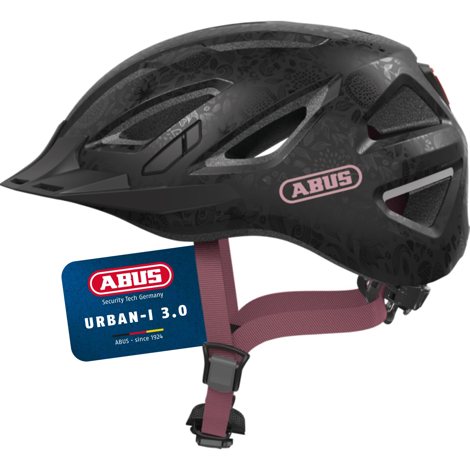 ABUS City Helmet Urban-I 3.0 - Bicycle Helmet with Rear Light, Peak and Magnetic Closure - for Men and Women - Black with Floral Pattern, M (52-58 cm) - 40191