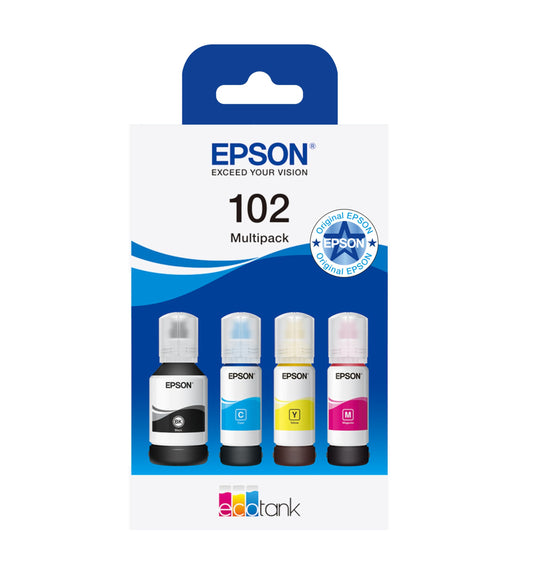 Epson EcoTank 102 Original Ink Bottles | 4x Color Multipack - Black, Cyan, Magenta, Yellow | Brand Quality for Optimal Results - C13T03R640