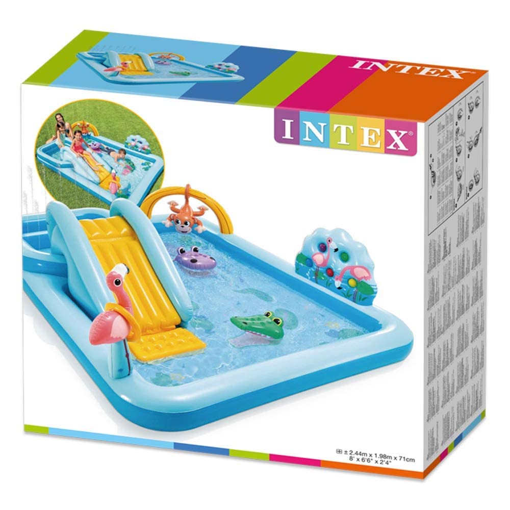 INTEX "Jungle Adventure Play" Inflatable Paddling Pool for Children Children's Pool Set 244 x 198 x 71cm Jungle World Flamingo, Crocodile, Hippopotamus & Monkey, Rain Shower & Slide, 550 l (57161NP)