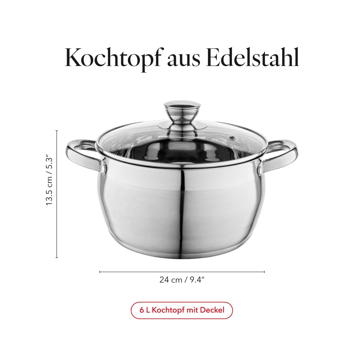 Florina Oliver 24 cm 6 L stainless steel pot with glass lid | For induction, gas, electric, ceramic | Measuring scale inside | Dishwasher safe | Heat-resistant lid | Durable & robust - 5G1029