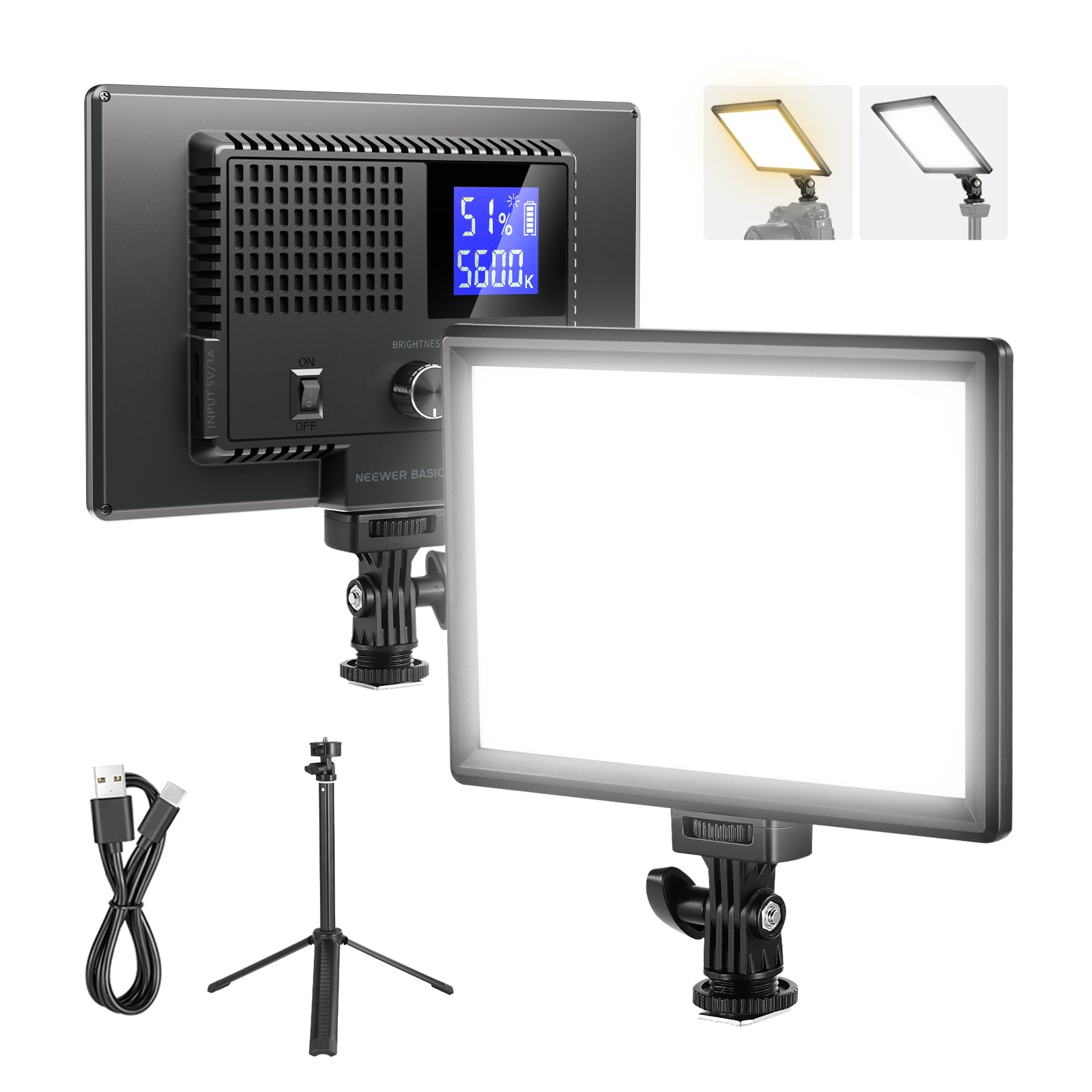 NEEWER Basics 9" LED Panel Light, 3200-5600K Edge Lit Video Light, Dimmable Camera Soft Key Light with Table Tripod, CRI95+ 800Lux, 4000mAh Rechargeable for Photography, Video and Streaming, NL-120B