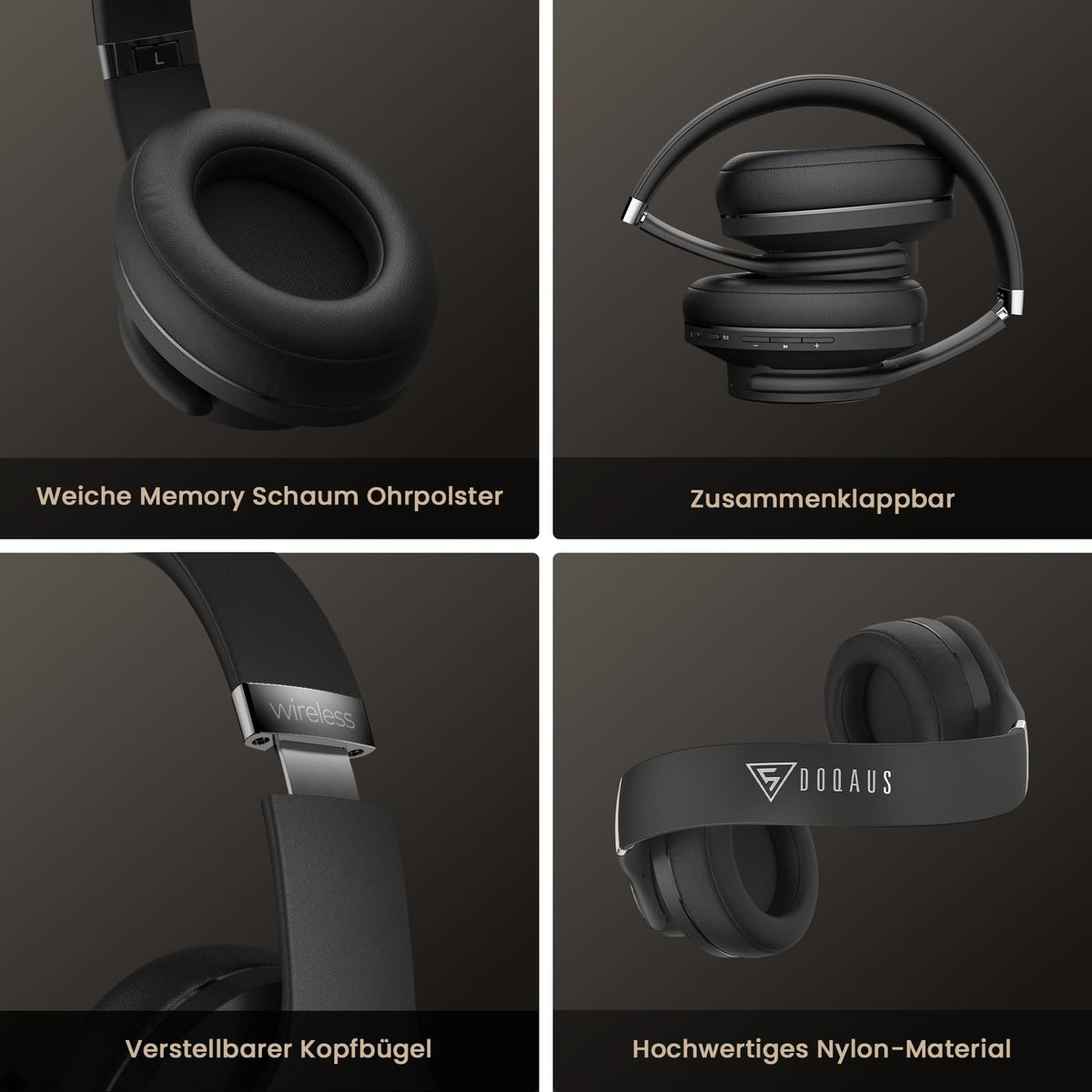 DOQAUS Wireless Bluetooth Headphones with App Control, Black - Care
