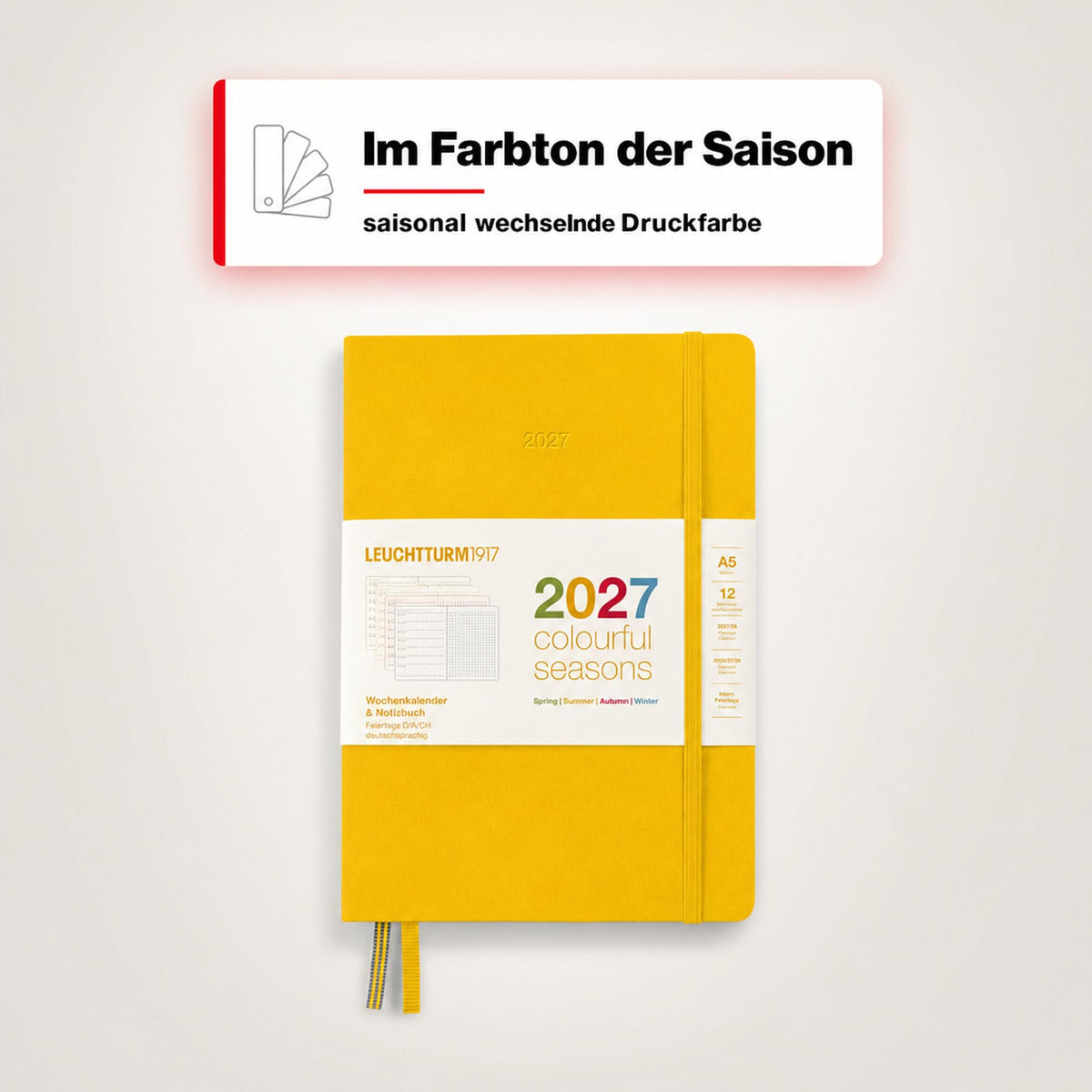 LEUCHTTURM1917 Weekly Calendar & Notebook Dotted Medium (A5) 2027, Colorful SeasonsYellow, German, Hardcover, Calendar Overview 2026/2027/2028, Planning Overview 01.27-12.28, Project Planner, Folding Pocket - 400199