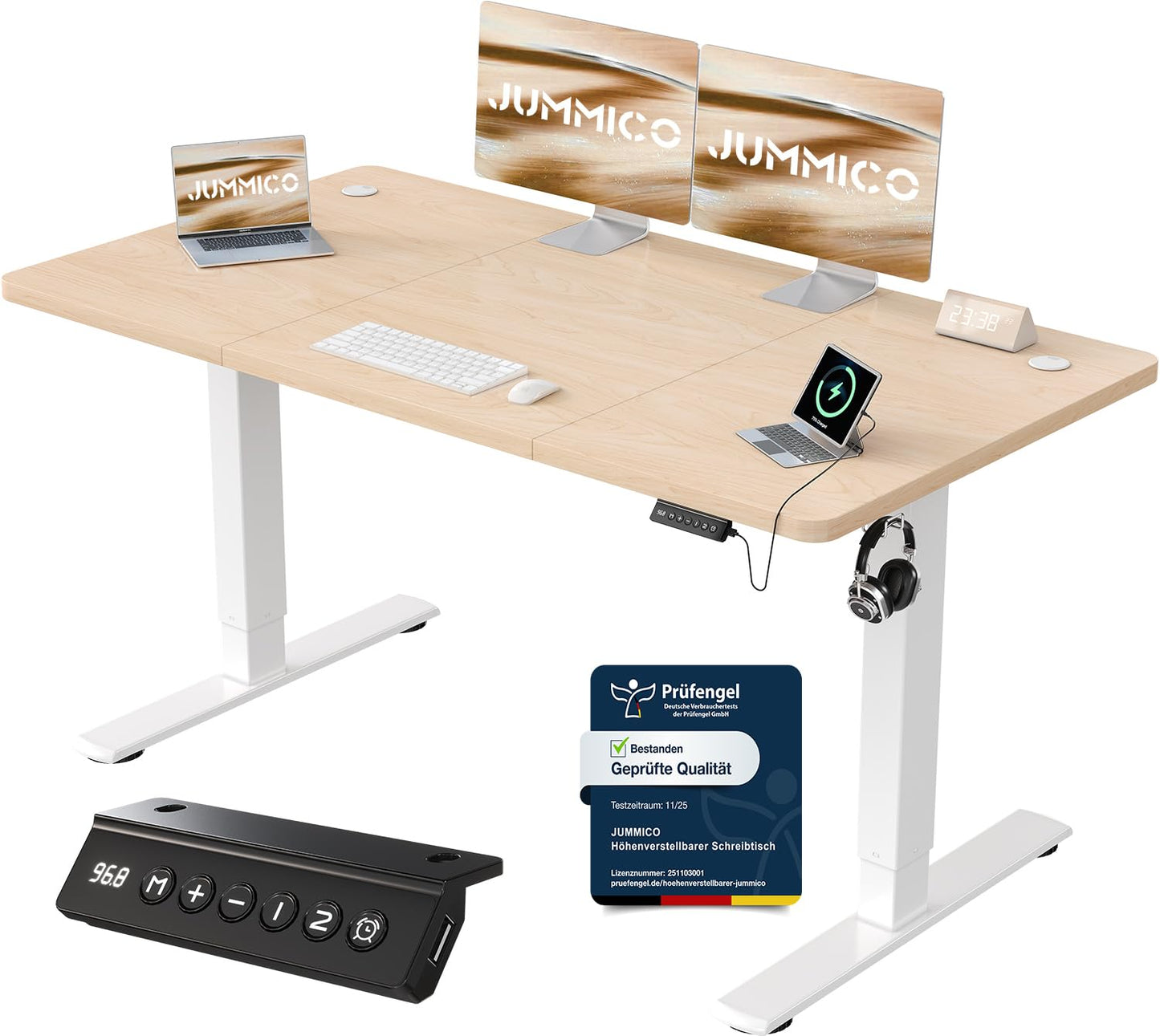 JUMMICO Birou reglabil pe înălțime cu port de încărcare USB, birou reglabil electric pe înălțime 140 x 60 cm, masă stand-sit, birou standing, masă de calculator reglabilă, birou standing, bej - 0403